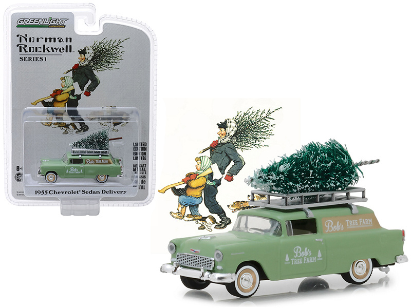 1955 Chevrolet Sedan Delivery Light Green "Bob's Tree Farm" With A Christmas Tree "Norman Rockwell Delivery Vehicles" Series 1 1/64 Diecast Model Car By Greenlight