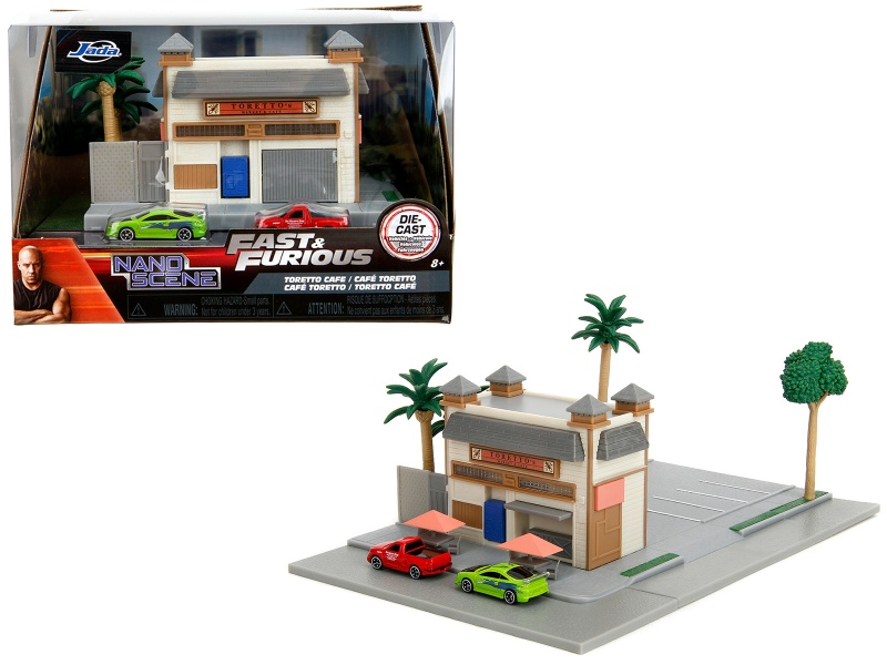 Toretto Cafe Diorama with Mitsubishi Eclipse Green and Ford F-150 SVT Lightning Red