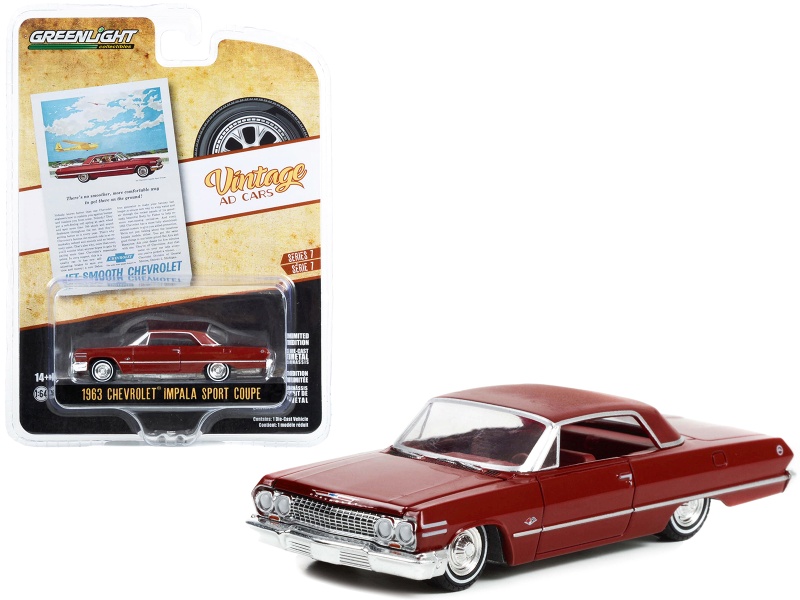 1963 Chevrolet Impala Sport Coupe Red With Red Interior "There’S No Smoother More Comfortable Way To Get There On The Ground!" "Vintage Ad Cars" Series 7 1/64 Diecast Model Car By Greenlight