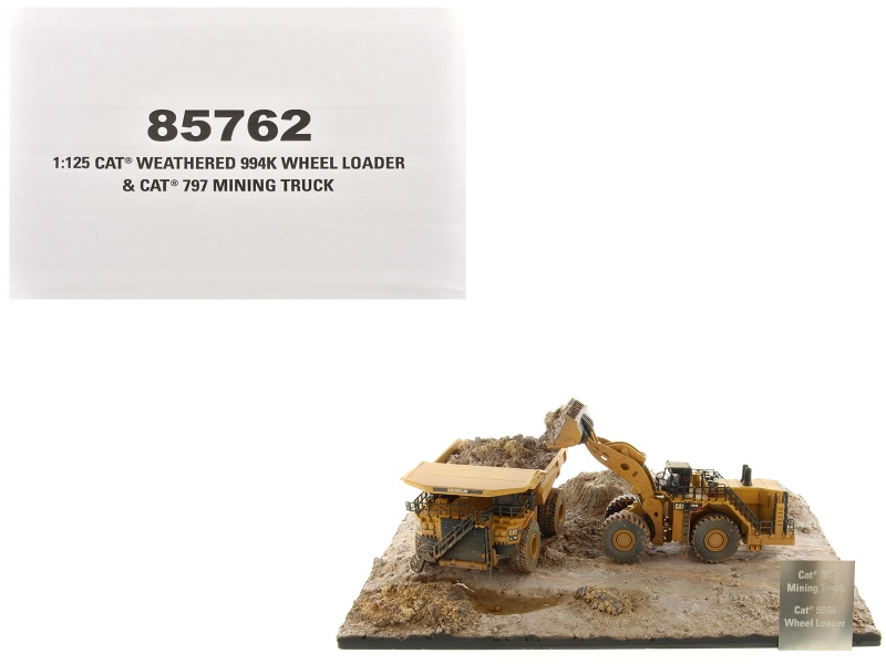 Cat Caterpillar 994K Wheel Loader And 797 Mining Truck Yellow (Weathered) Set Of 2 Pieces "Weathered Series" 1/125 Diecast Model By Diecast Masters