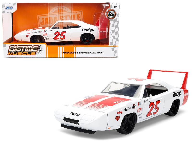 1969 Dodge Charger Daytona #25 White With Red Stripes "Bigtime Muscle" Series 1/24 Diecast Model Car By Jada