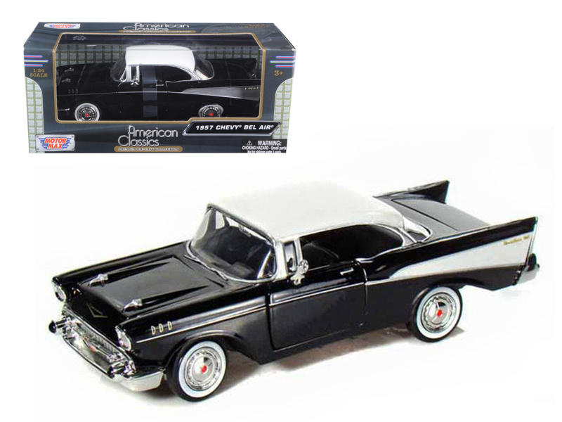 1957 Chevrolet Bel Air Black With White Top 1/24 Diecast Model Car By Motormax