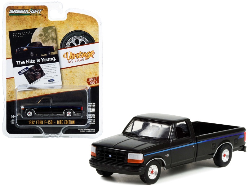 1992 Ford F-150 Nite Edition Pickup Truck Black With Blue Stripes "The Nite Is Young" "Vintage Ad Cars" Series 7 1/64 Diecast Model Car By Greenlight