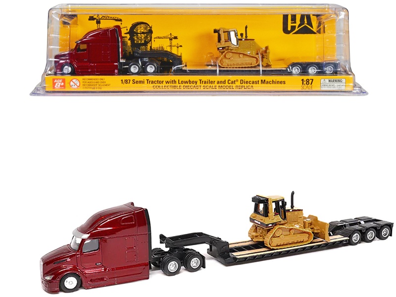 Diecast Masters Peterbilt 579 Ultraloft Tandem Tractor Red Metallic with Lowboy Trailer and Cat D5m Dozer Yellow 1/87 (HO) Diecast Model