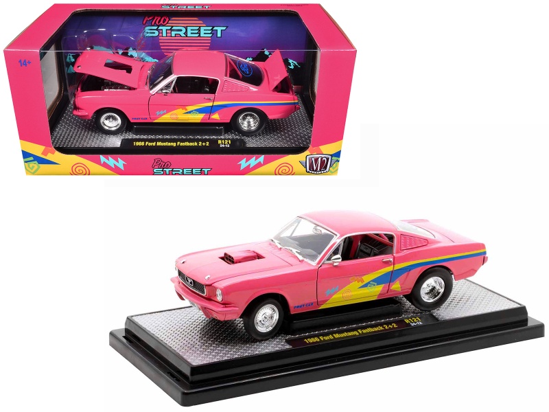 1966 Ford Mustang Fastback 2+2 Pink with Blue and Yellow Stripes "Pro Street" Model Car