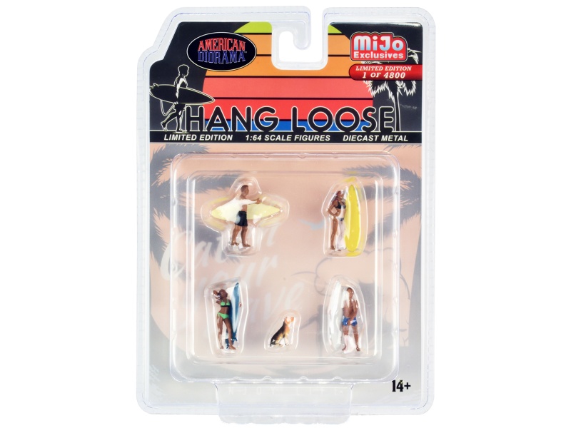 "Hang Loose" 5 Piece Diecast Set (4 Surfer Figures And 1 Dog) Limited Edition To 4800 Pieces Worldwide For 1/64 Scale Models By American Diorama