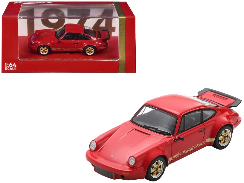 1974 Porsche 911 Carrera Rs 3.0 Red With Gold Stripes 1/64 Model Car By Spark