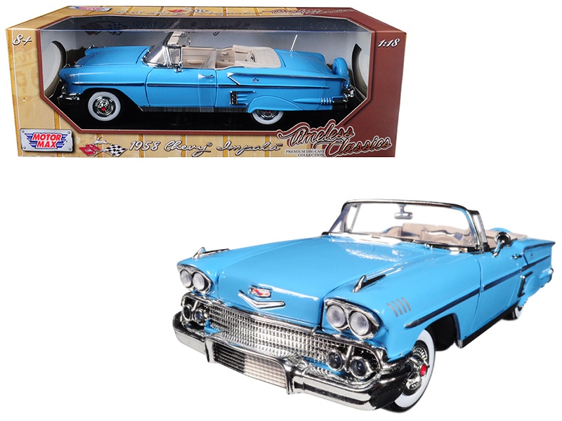 1958 Chevrolet Impala Convertible Light Blue "Timeless Classics" 1/18 Diecast Model Car By Motormax