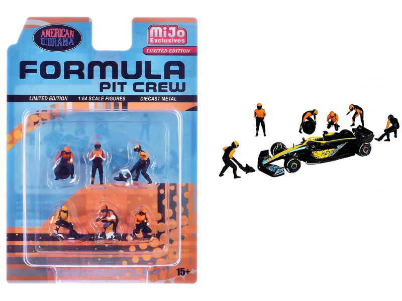 "Formula Pit Crew – Team Orange" 6 Piece Diecast Figure Set (6 Figures) Limited Edition For 1/64 Scale Models By American Diorama