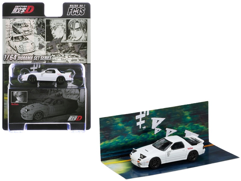 Mazda Rx-7 (Fc3s) Rhd (Right Hand Drive) "Redsuns" White "Ryosuke Takahashi Vs Kyoichi Sudou - Initial D" (1995-2013) Manga "Diorama Set Series" 1/64 Diecast Model Car By Hobby Japan