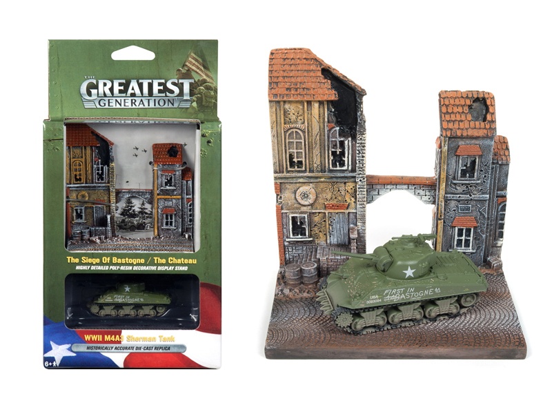 Military Wwii M4a3 Sherman Tank With \"The Chateau\" Resin Display Diorama \"The Greatest Generation\" Series 1/100 Diecast Model By Johnny Lightning