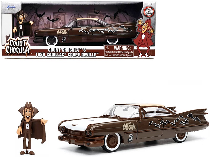 1959 Cadillac Coupe Deville Brown And White With Graphics And Count Chocula Diecast Figurine "Hollywood Rides" Series 1/24 Diecast Model Car By Jada