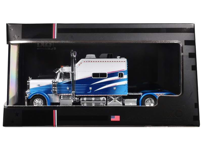 2002 Peterbilt 379 Truck Tractor White And Blue With Graphics 1/64 Diecast Model By Ixo Models