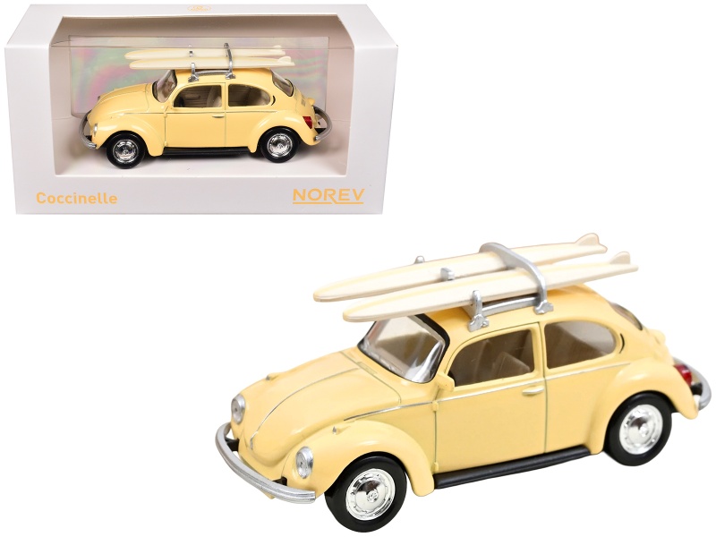 1973 Volkswagen Beetle 1303 Pastel Yellow With Roof Rack And 2 Surfboards 1/43 Diecast Model Car By Norev