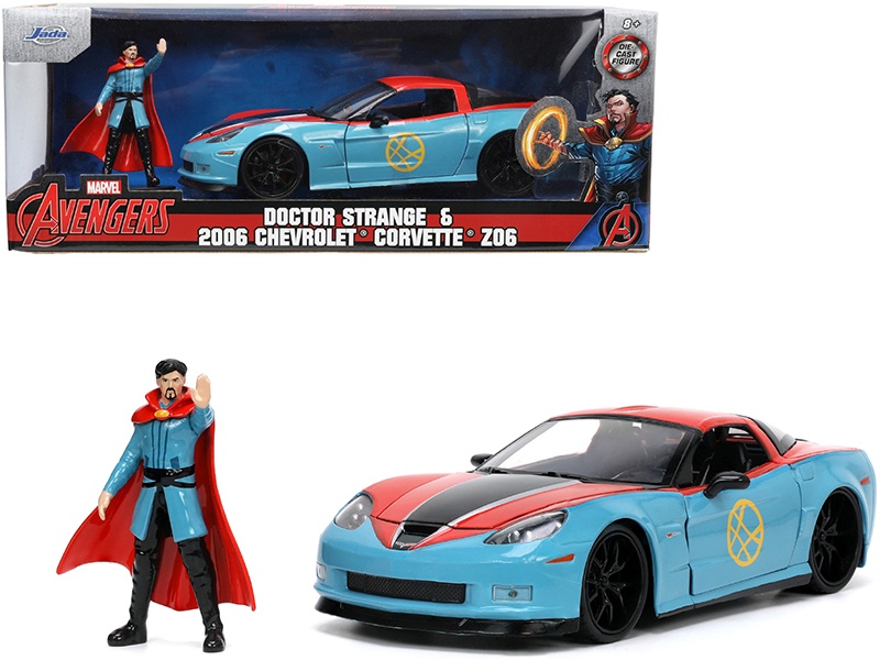 2006 Chevrolet Corvette Z06 Red And Blue With Doctor Strange Diecast Figurine "Avengers" "Marvel" Series "Hollywood Rides" 1/24 Diecast Model Car By Jada