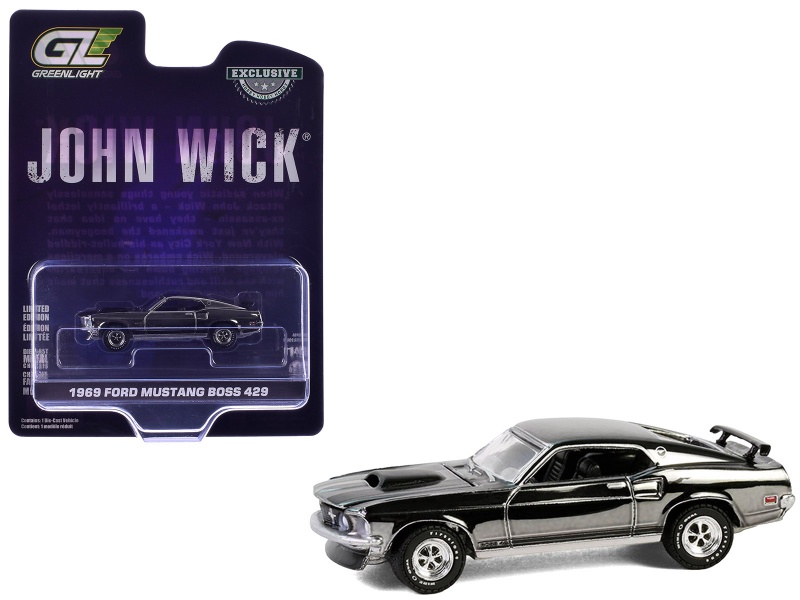 1969 Ford Mustang Boss 429 Silver Chrome Edition With Black Stripes "John Wick" (2014) Movie "Hobby Exclusive" Series 1/64 Diecast Model Car By Greenlight