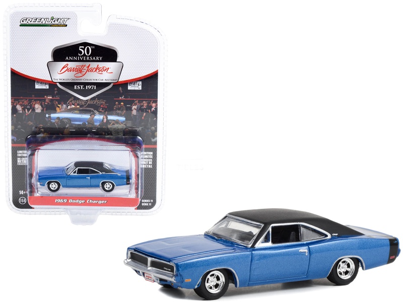 1969 Dodge Charger Blue Metallic With Black Vinyl Top And Tail Stripe (Lot #465.1) Barrett Jackson "Scottsdale Edition" Series 11 1/64 Diecast Model Car By Greenlight