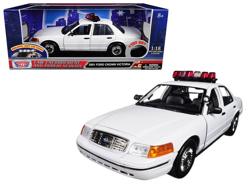 2001 Ford Crown Victoria Police Car Plain White With Flashing Light Bar And Front And Rear Lights And Sounds 1/18 Diecast Model Car By Motormax