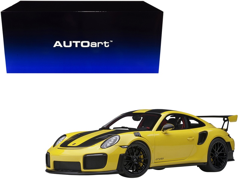 Porsche 911 (991.2) Gt2 Rs Weissach Package Racing Yellow With Carbon Stripes 1/18 Model Car By Autoart