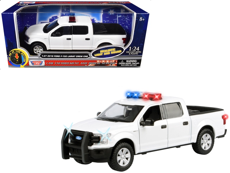 2019 Ford F-150 Lariat Crew Cab Pickup Truck White With Flashing Light Bar And Front And Rear Lights And Sounds 1/24-1/27 Diecast Model Car By Motormax