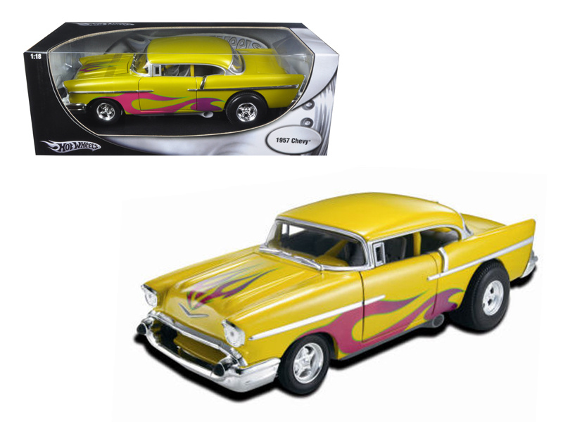 1957 Chevrolet Drag Car Yellow With Flames 1/18 Diecast Car Model By Hotwheels