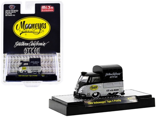 1960 Volkswagen Type 2 Pickup Truck with Canvas Cover 'Mooneyes Southern California Style' Black and Gray Limited Edition Diecast Model Car by M2 Machines
