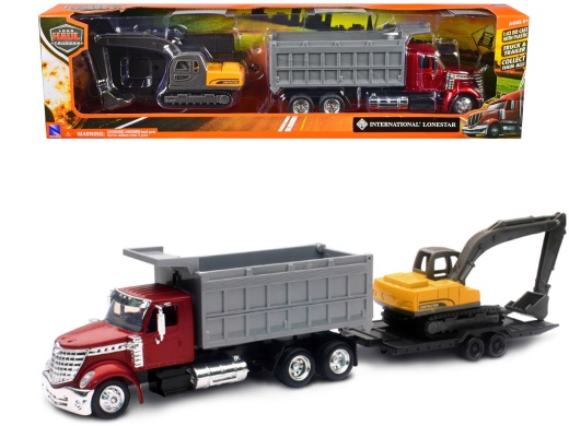 International Lonestar Dump Truck Red and Tracked Excavator Yellow with Flatbed Trailer Diecast Model - New Ray 1/43 Scale
