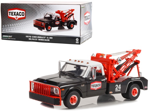 1970 Chevrolet C-30 Dually Wrecker Tow Truck 'Texaco 24 Hour Road Service' Black With White Top 1/18 Diecast Model Car By Greenlight