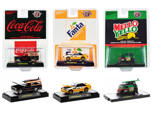 1988 Ford Mustang GT #88, 1973 GMC Jimmy Sierra, and 1960 Volkswagen Delivery Van '3 Sodas' Set of 3 Pieces Limited Edition Diecast Model Cars by M2 Machines