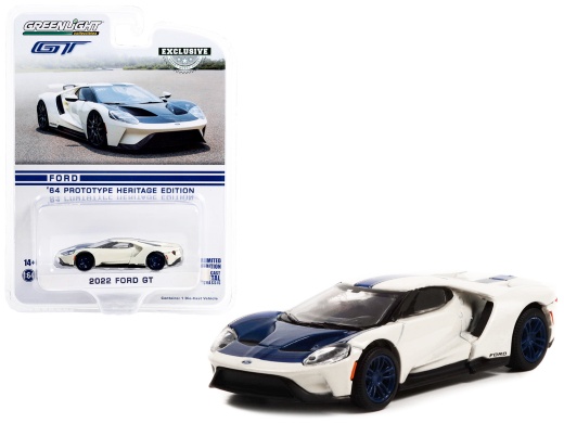 2022 Ford GT '1964 Prototype Heritage Edition' Diecast Model Car - White Metallic with Blue Hood and Stripe