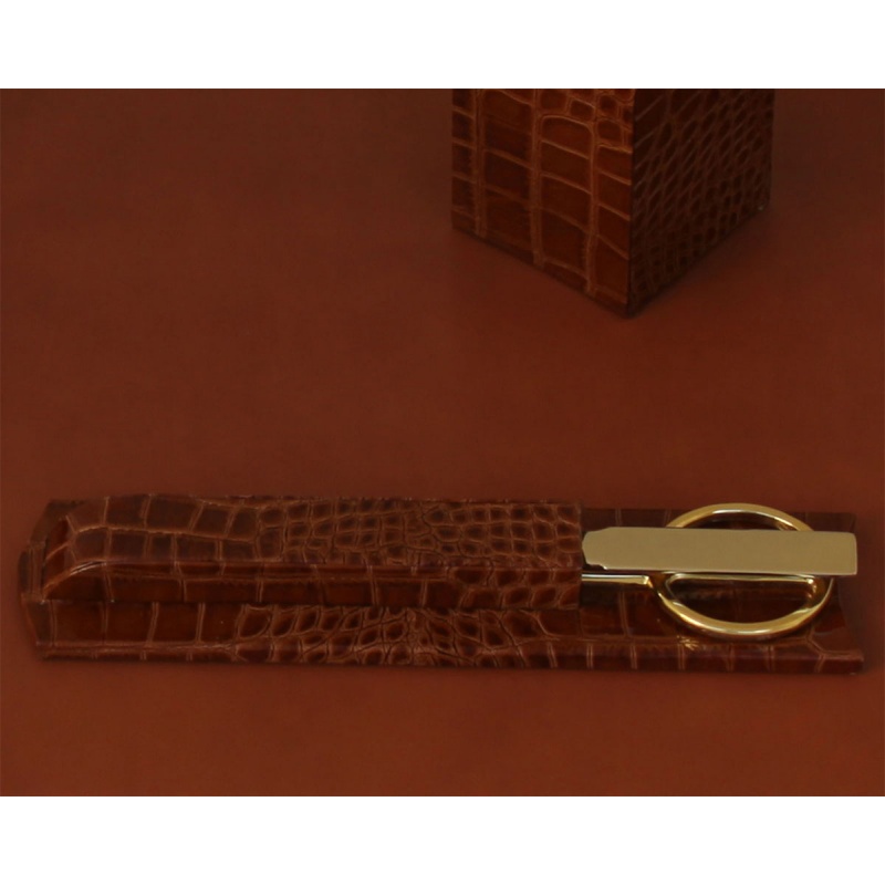 Protacini Cognac Brown Italian Crocodile Leather Library Set - Gold