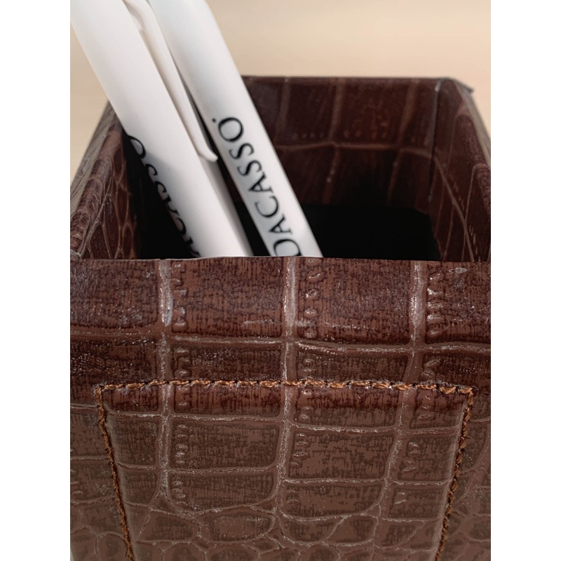 Brown Crocodile Embossed Leather Pencil Cup