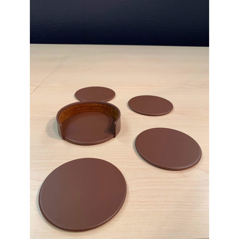 Rustic Brown Leather 4 Round Coaster Set W/ Holder