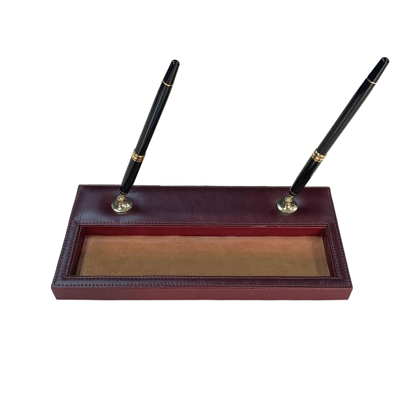 Mocha Leather Pen Stand With Gold Accents