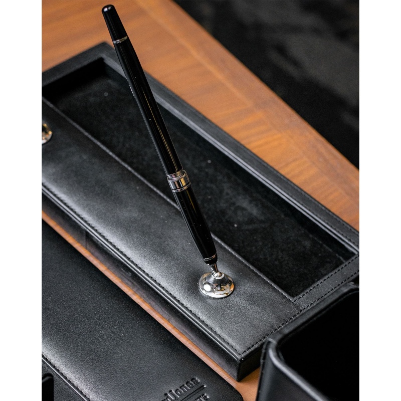 Classic Black Leather Double Pen Stand With Silver Accents