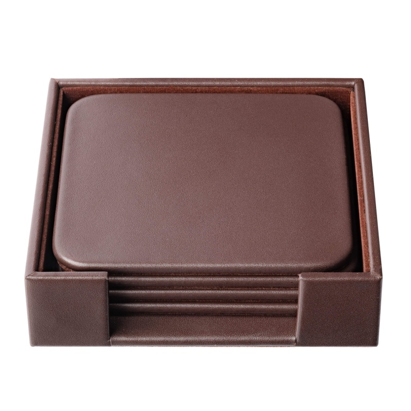 Chocolate Brown Leather Square Coaster Set