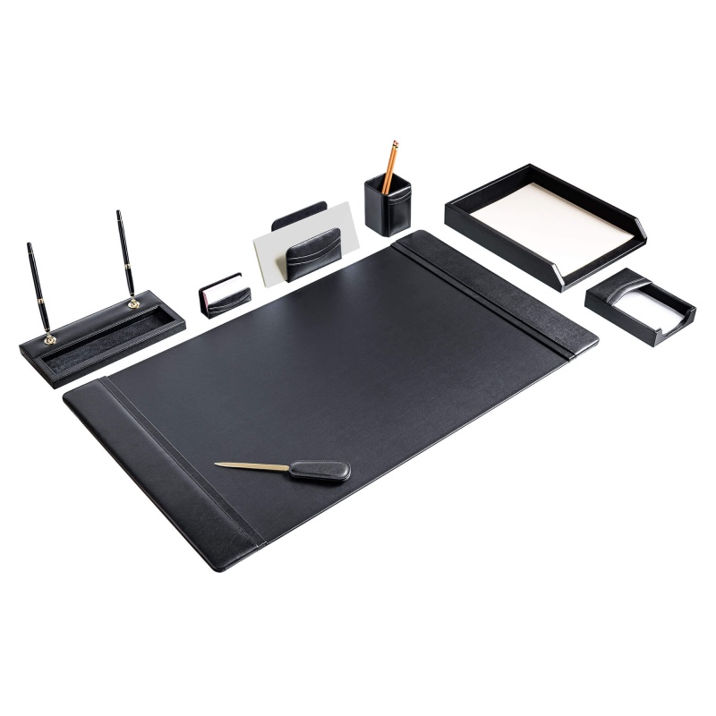 Classic Black Leather 8-Piece Desk Set, Gold Accent