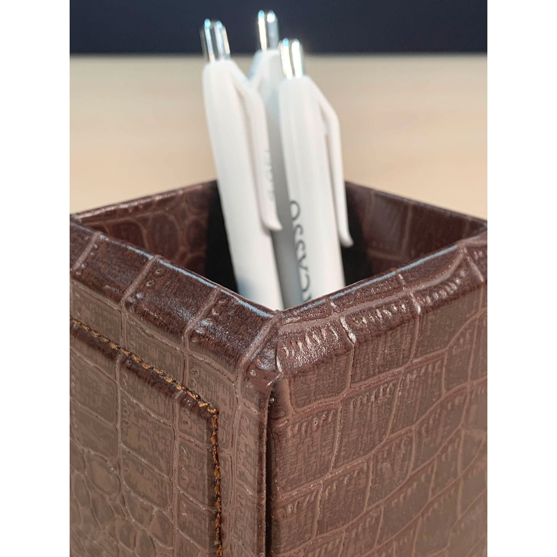 Brown Crocodile Embossed Leather Pencil Cup