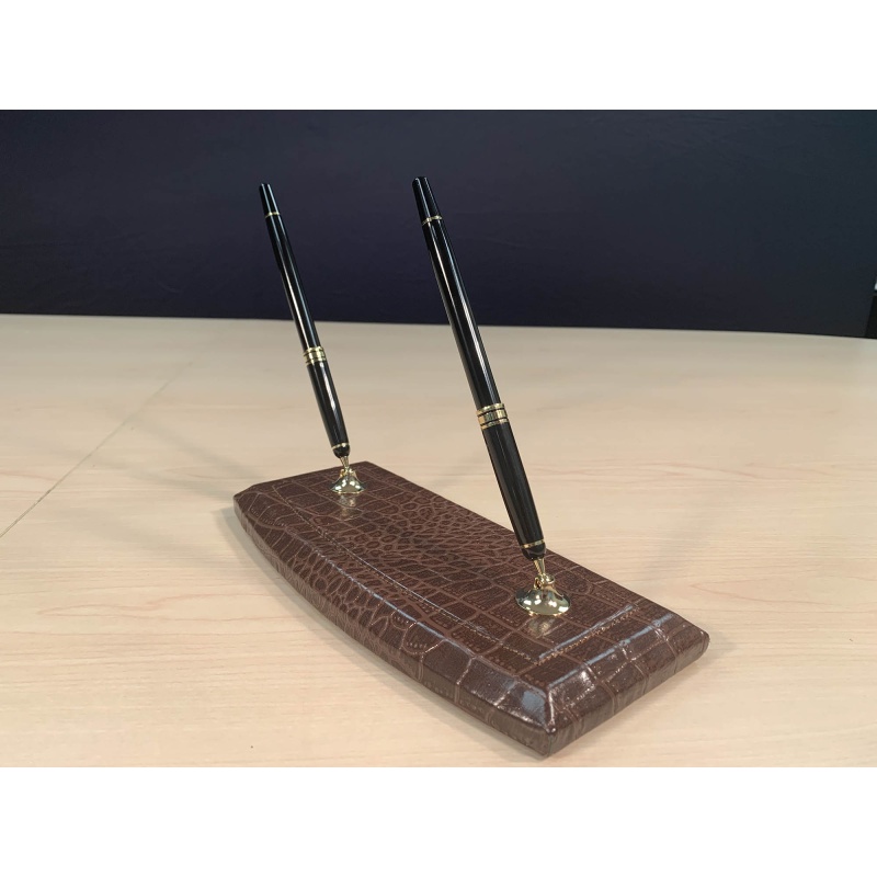 Brown Crocodile Embossed Leather Double Pen Stand