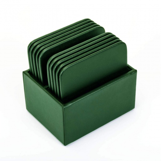 Dark Green Leather 10 Square Coaster Set W/ Holder