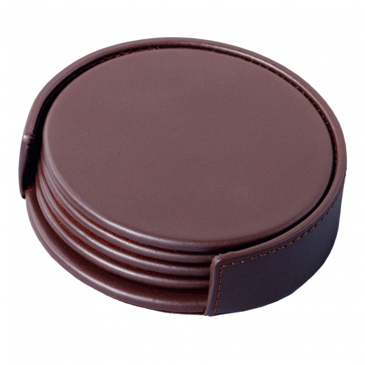 Chocolate Brown Leatherette 4 Round Coaster Set with Holder