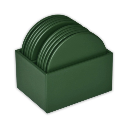 Dark Green Leather 10 Round Coaster Set W/ Holder