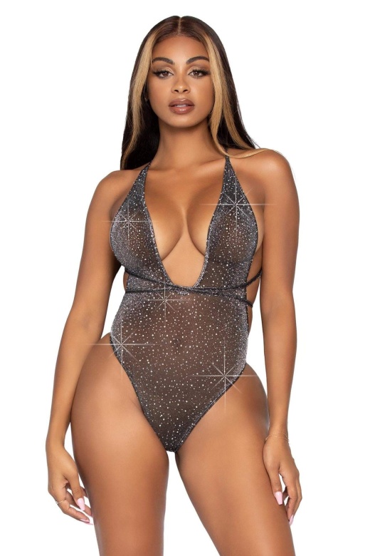 Convertible Plunging Teddy - Black/Silver / One Size by Donna Di Capri