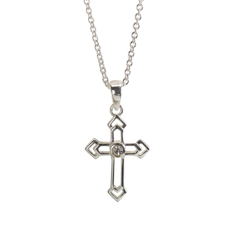 Silver Pl Open Bud Cross Necklace