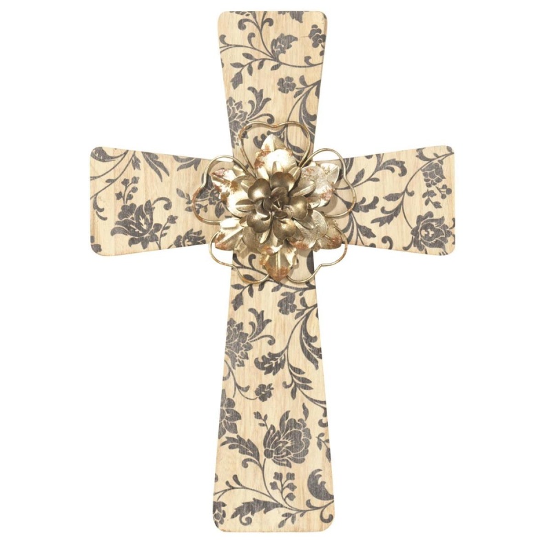 Metal Wall Cross With Wood Flower