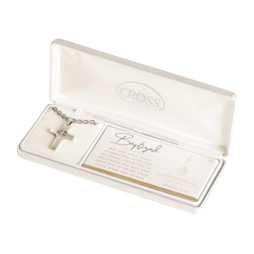 Mens Romans 15:13 Baptism Stainless Steel Cutout Cross Necklace