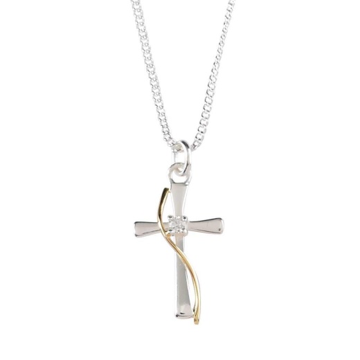 NK Sp Crs/Cz Gp Sash-18"Ch Silver Plated Flare Cross with CZ Pendant