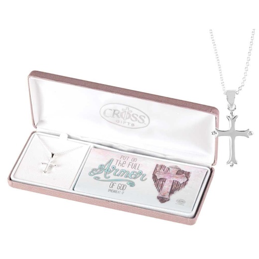 Nk Full Armor Of God Fleu Crs Silplt 18" Silver Plate Cross Necklace with Chain and Gift Box