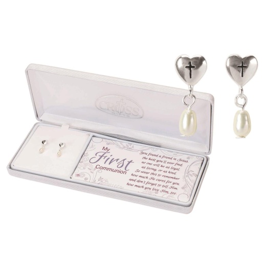 My First Communion Heart with Cross and Pearl Drop Earrings - Ear-1Stcom Prl/Hrt Drop Sil Plt-Ss Posts