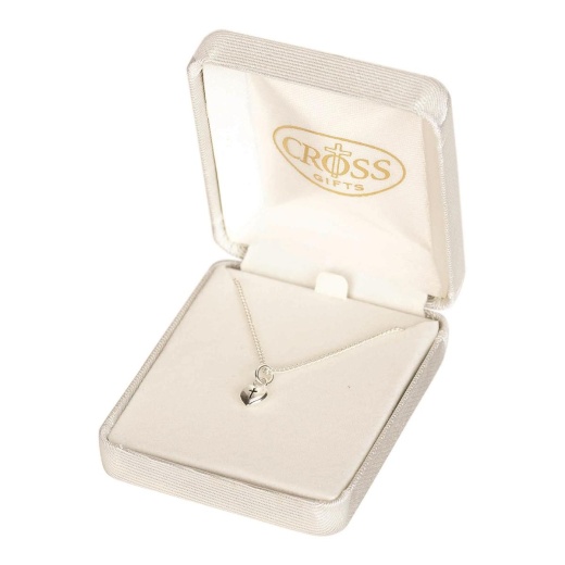 Nk-Puff Hrt Sil Plt 1/4"X1/4"-13"Ch-Dbx Mini Puff Heart Necklace with Engraved Cross